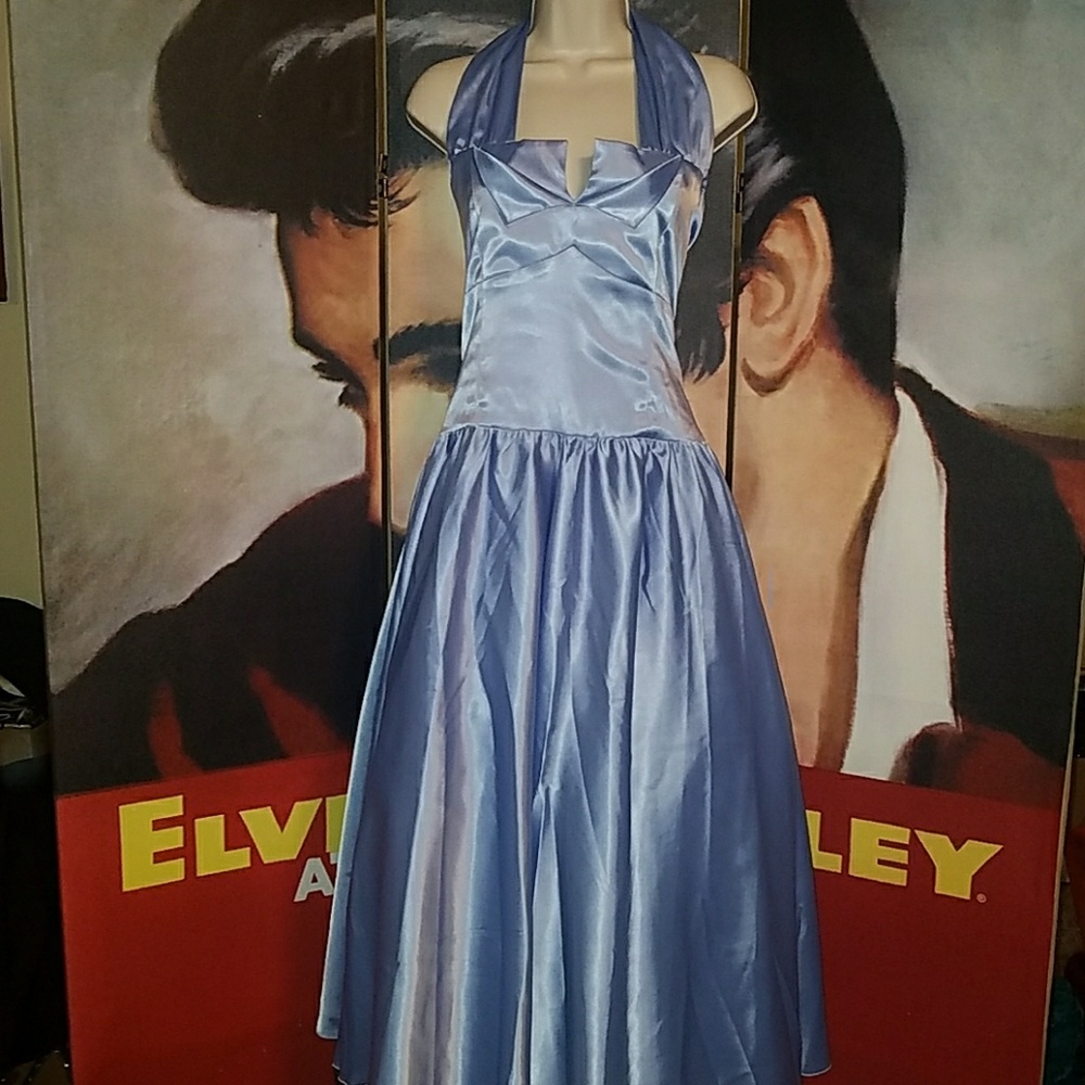 Queen of HeartZ  1950's Blue Satin Halter Pinup Dress w Extra Full Swing Skirt